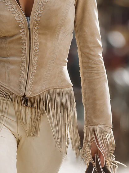 Veste Décontractée en Dentelle Kaki avec Franges Vintage