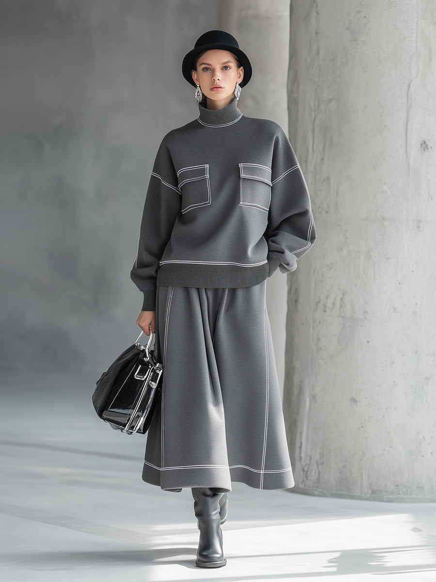 Pull Sportif Haut de Gamme à Col Roulé Gris avec Surpiqûres Blanches