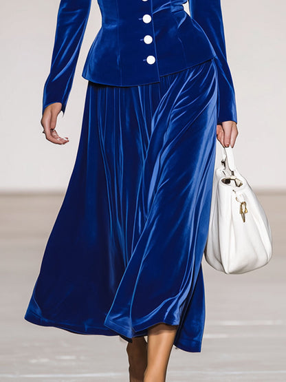 Robe en Velours Bleu Royal avec Col Élégant et Jupe Flottante
