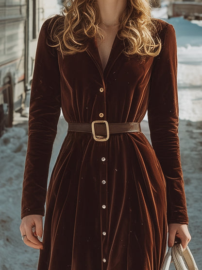 Robe Maxi Plissée en Velours Brun avec Revers et Détails Boutonnés