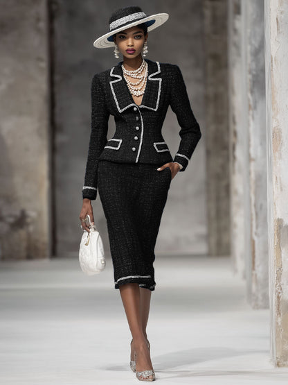 Ensemble Chic : Veste à Revers Élégant et Jupe en Tweed - Costume Deux-Pièces
