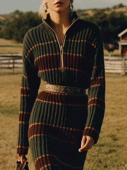 Robe Midi Rétro en Tricot Rayée Vert Foncé avec Fente et Demi-Zip