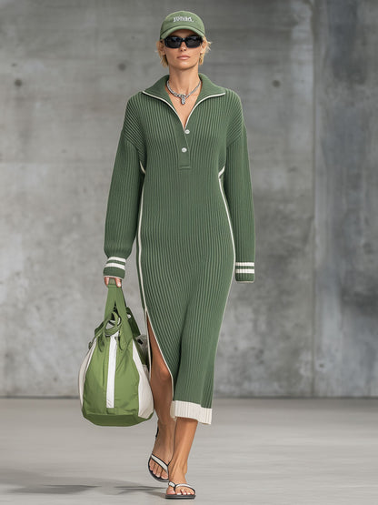 Robe Midi Tricotée Verte à Fente avec Éléments Blancs - Élégance Décontractée et Tendance