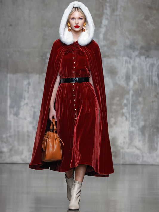 Ensemble Vintage en Velours Rouge avec Capuche et Col en Fourrure