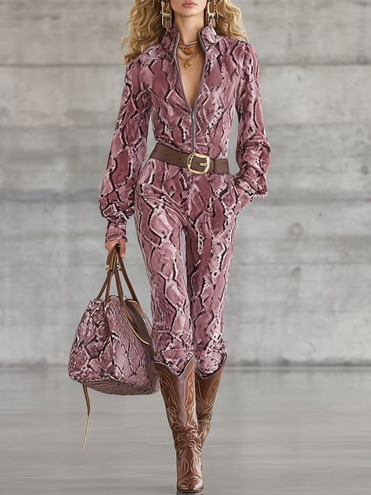 Combinaison Longue en Velours Rose Rétro Western avec Motif Serpent et Détails Lacés