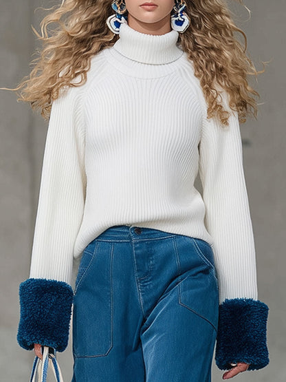 Pull Rétro en Polaire Blanc à Col Roulé avec Détails Contrastés