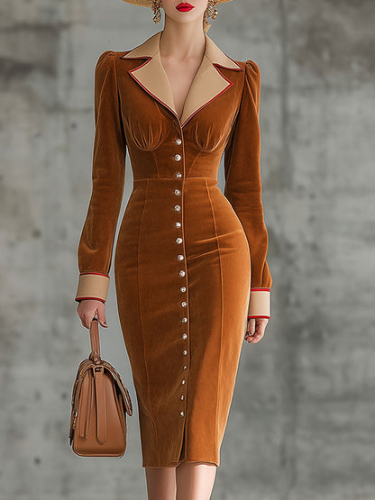 Robe Midi Vintage en Velours Caramel avec Détails en Similicuir