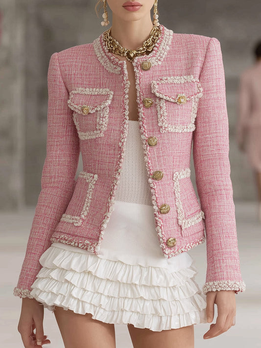 Veste Chic en Tweed Rose avec Détails Blancs et Panneaux Élégants