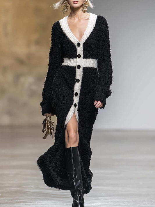 Robe Maxi Noire en Tricot avec Décolleté V et Boutons Frontaux – Détails Contrastants en Blanc