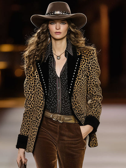 Blazer Rétro en Velours Imprimé Léopard à Détails Contrastés