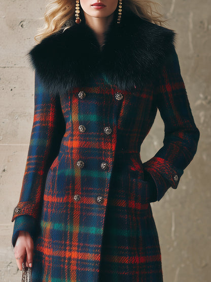 Longue Manteau en Laine à Carreaux avec Col en Fourrure Synthétique : Élégance Rétro et Chic