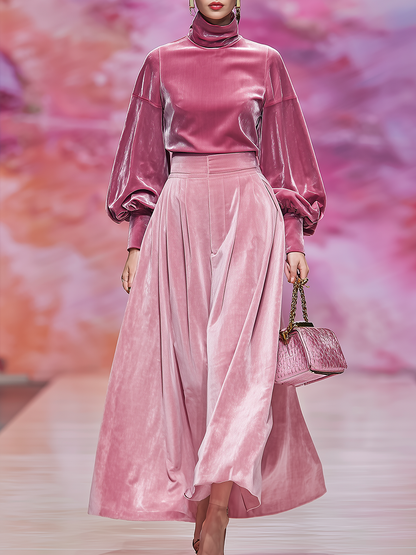 Ensemble Chic : T-shirt en Velours à Col Montant et Jupe à Manches Longues