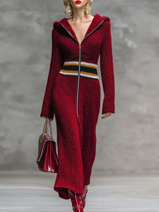Robe Maxi Tricotée Rouge Éclatante avec Capuche et Zip