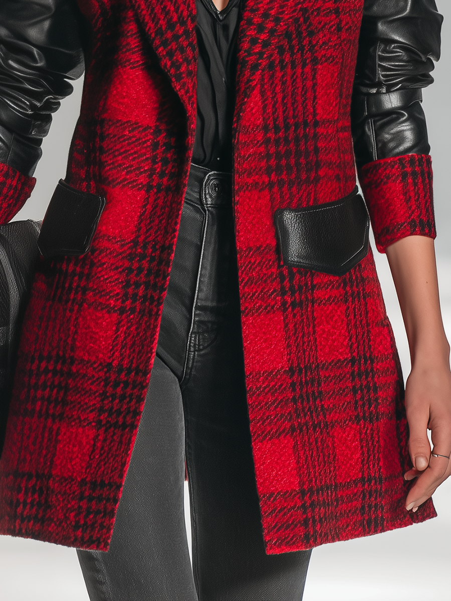 Veste mi-longue en patchwork de faux cuir à carreaux au style rétro