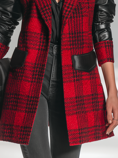 Veste mi-longue en patchwork de faux cuir à carreaux au style rétro