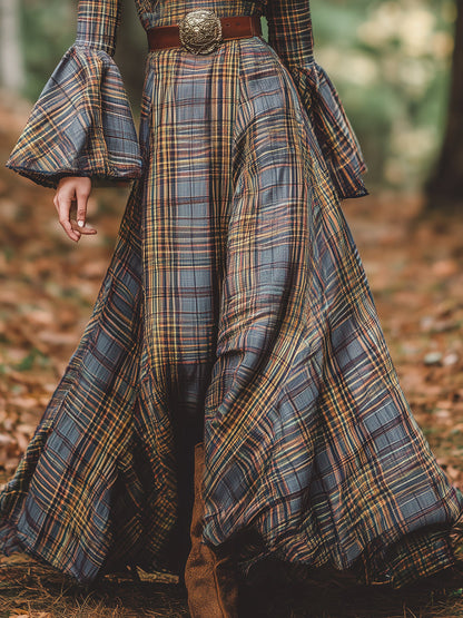 Robe Maxi Vintage à Motif Carreaux avec Manches Évasées et Col en V