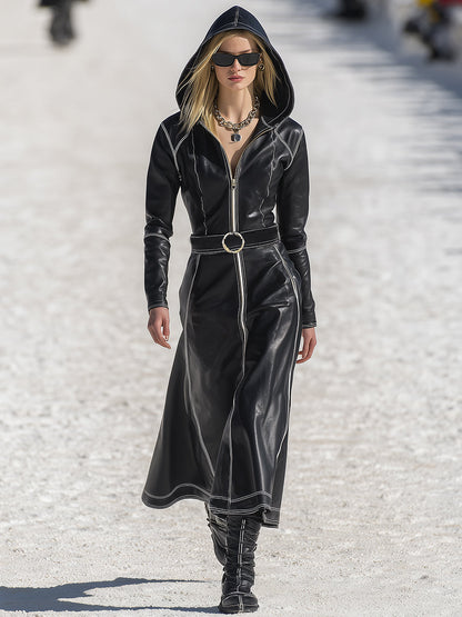 Maxi Robe Noire en Simili Cuir avec Capuche et Détails Vintage