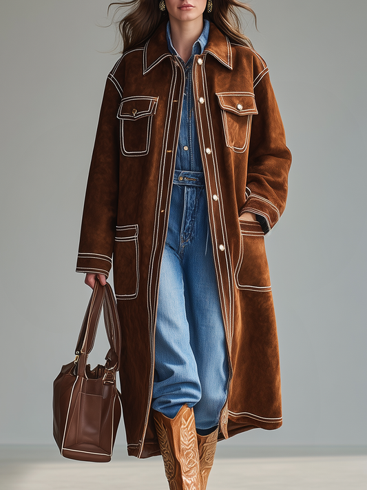 Veste en faux suède à poches multiples avec revers western rétro