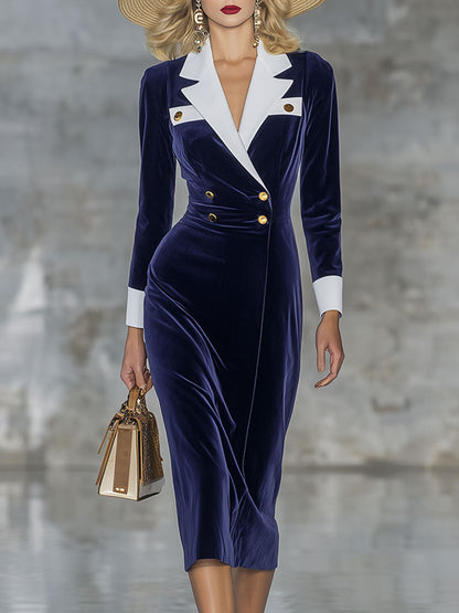 Robe Midi en Velours Bleu Élégant au Style Rétro avec Revers Croisé