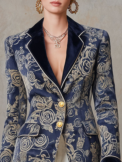 Veste en velours à motifs rétro de roses avec coutures contrastées