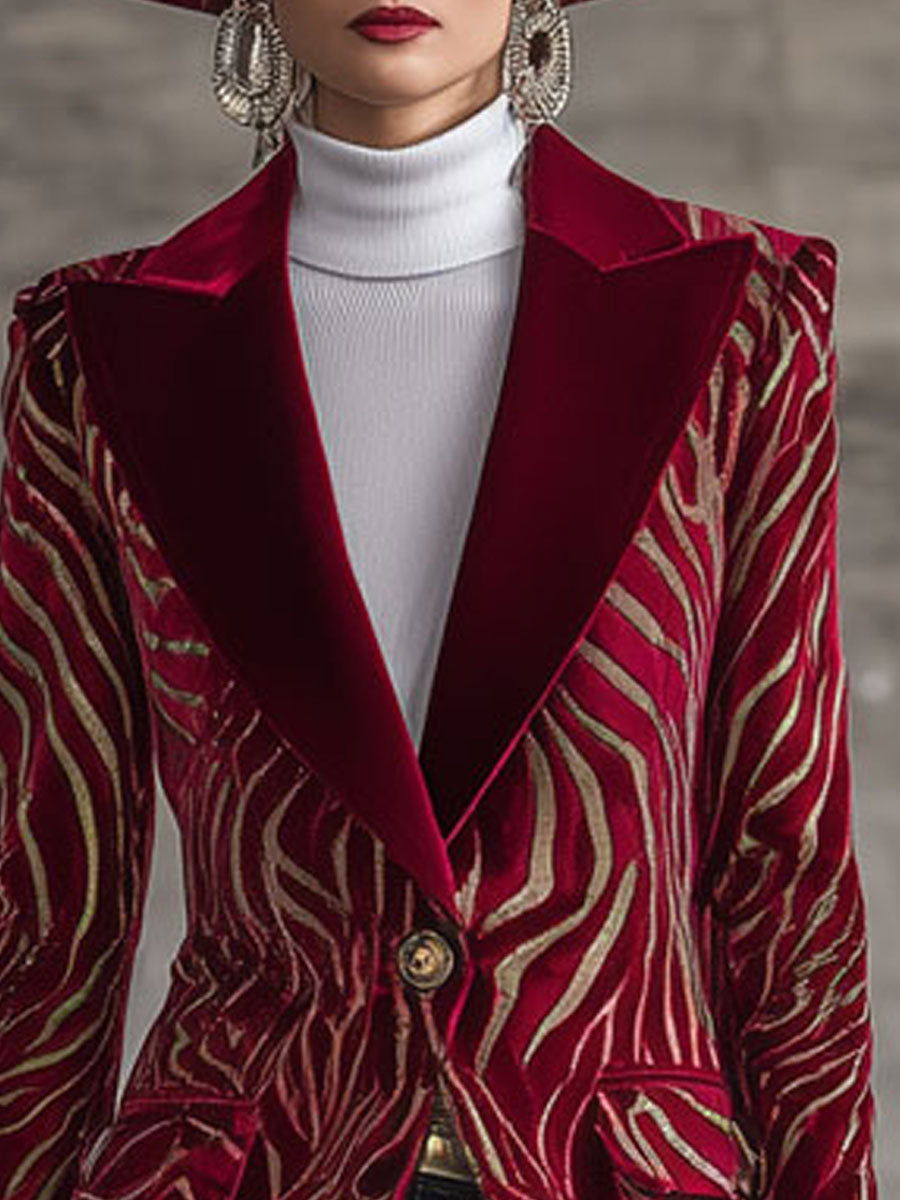 Veste en Velours Rouge à Motif Zebra Doré Rétro