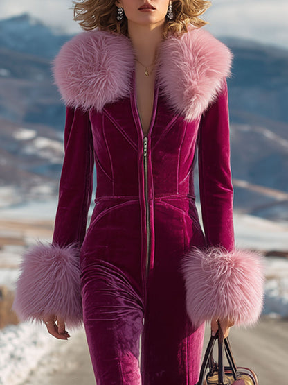 Combinaison Rétro en Velours Rouge Rose avec Col en Fourrure Synthétique et Manches Longues Évasées