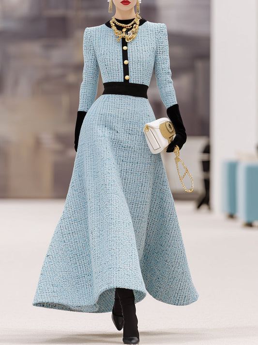 Robe Maxi en Tweed Bleu Élégante avec Détails Noir, Col Rond et Jupe Flottante