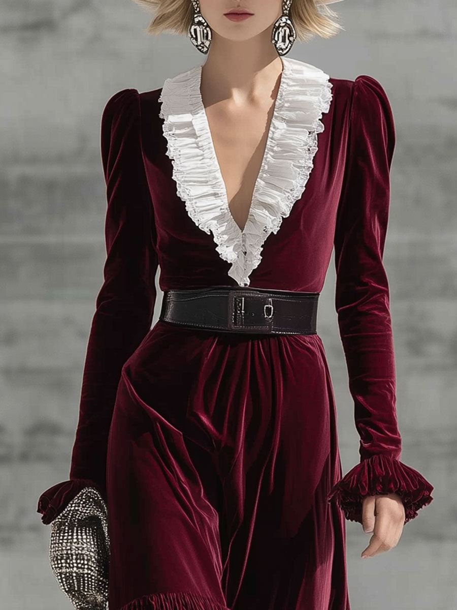 Robe Midi Rétro en Velours Bordeaux