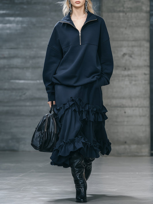 Ensemble Sportif Élégant : Sweatshirt à Revers et Jupe Volante Bleu Foncé