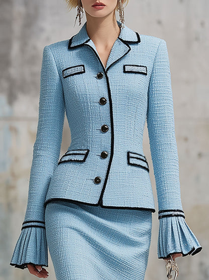 Chic Ensemble Bleu en Tweed : Haut Élégant avec Jupe à Volants