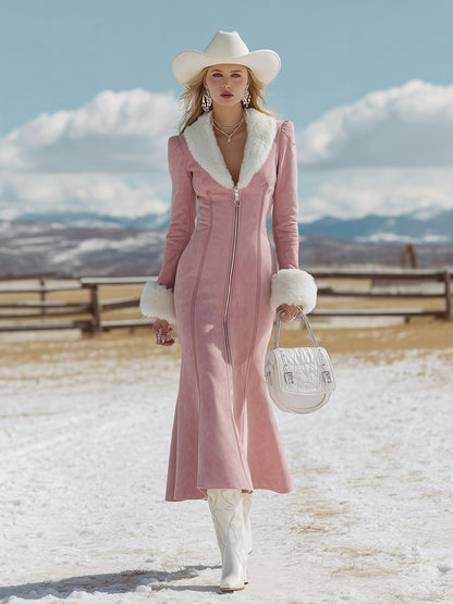 Robe Maxi en Suédine Rose avec Doublure en Fourrure Synthétique