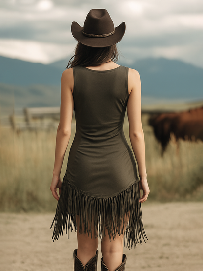 Robe Mini Boho à Franges Sans Manches en V