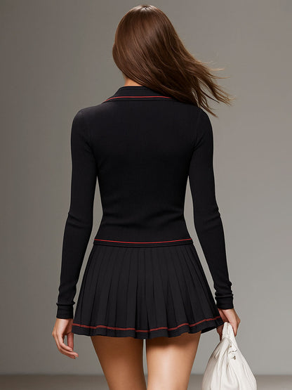 Ensemble Sportif : Haut Long à Zip avec Ourlet Contrasté et Jupe Plissée