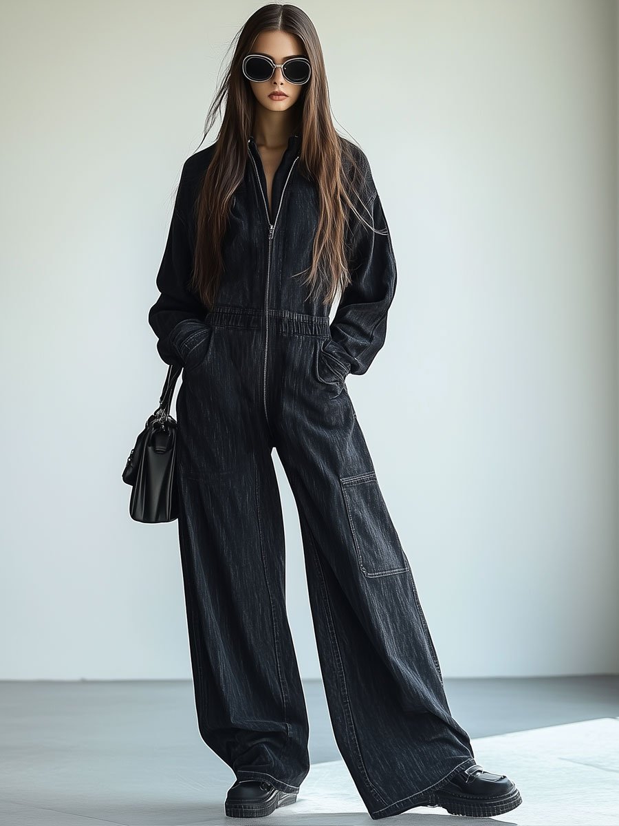 Salopette en Denim Rétro : Confort Décontracté avec Zip, Taille Élastique et Manches Longues - Expédition en 24 Heures !