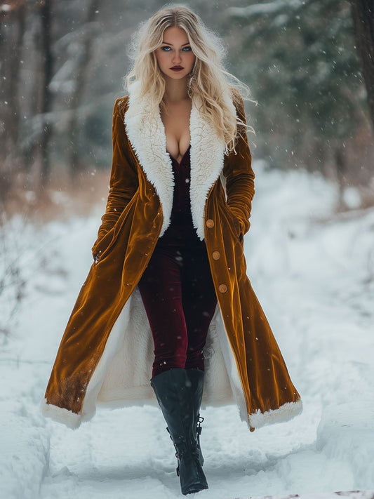 Long Vintage Velvet and Wool Coat with Pockets - Effortlessly Chic and Spacious
