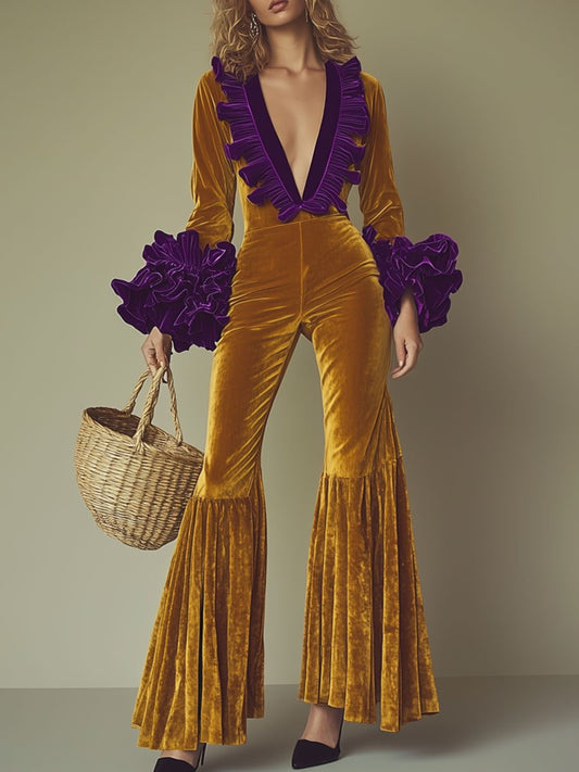 Combinaison Élégante en Velours Doré avec Volants Violets à Manches Longues - Parfaite pour vos Soirées Chic
