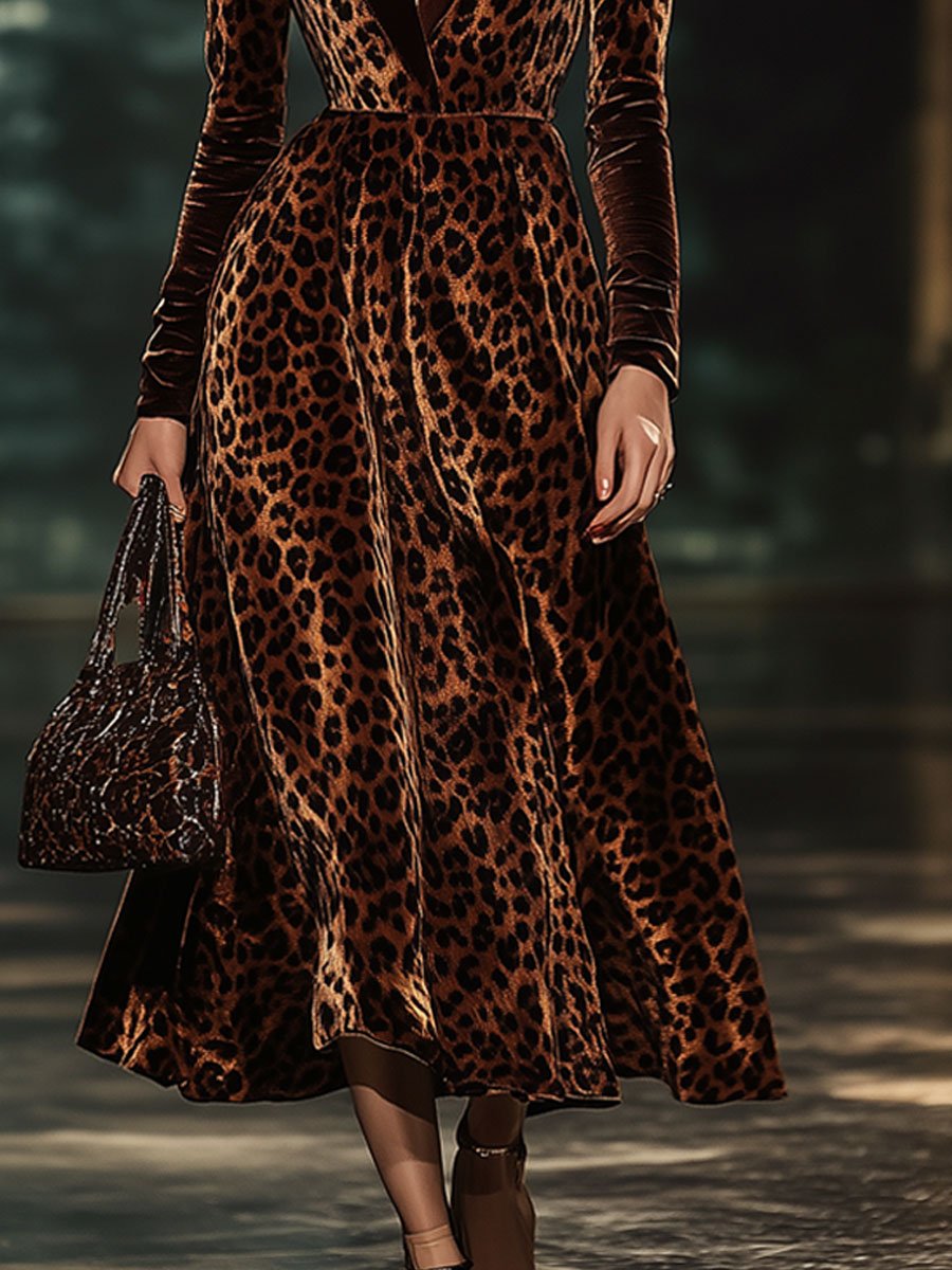 Robe Midi en Velours Léopard à Col Revers – Expédition Rapide en 24 Heures !