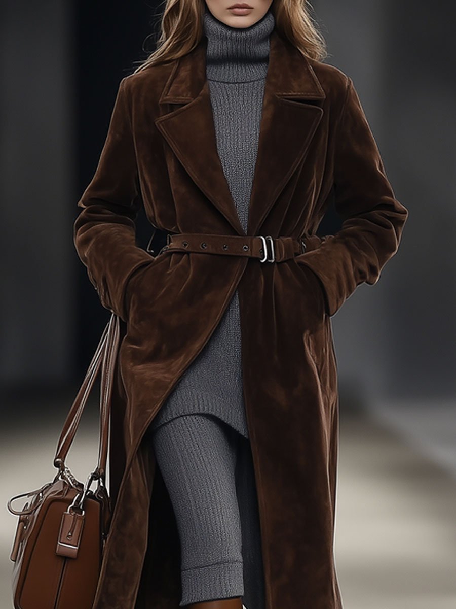 Expédition Rapide : Manteau Mi-Long en Suédine Chocolat, Ceinturé et Décontracté