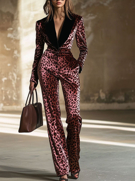 Combinaison Rétro en Velours Léopard : Style Ample avec Col Colorblock et Manches Longues - Livraison en 24 Heures!
