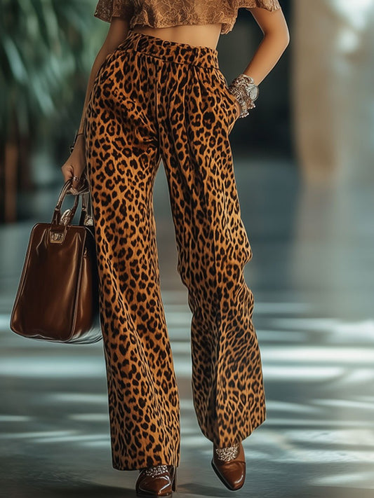 Expédition rapide en 24h : Pantalons vintage en velours à imprimé léopard avec taille élastique et poches