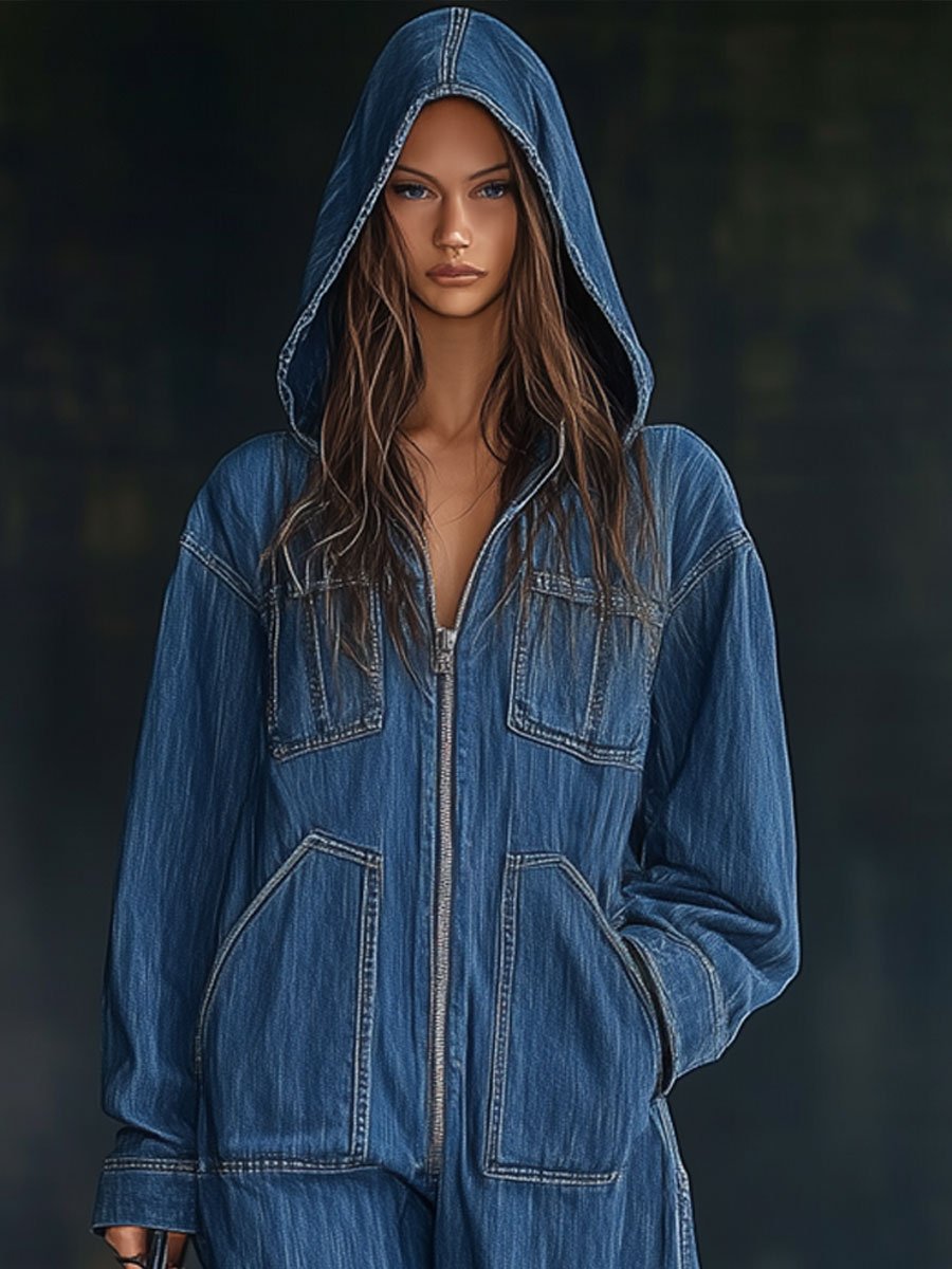 Salopette en denim rétro à capuche - Manches longues et poches pratiques, expédition sous 24 heures !