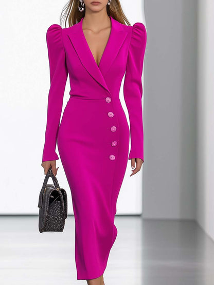 Robe Midi Élegante à Manches Bouffantes et Décolleté en V - Rose Vif, Expédition en 24 Heures !