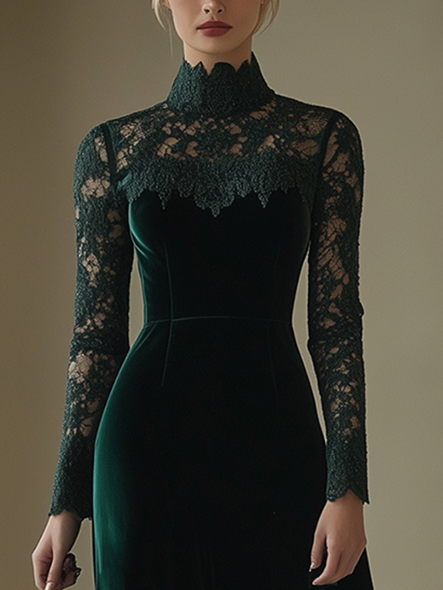 Robe Midi Élégante en Velours Rétro avec Dentelle et Col Montant - Expédition Rapide en 24 Heures