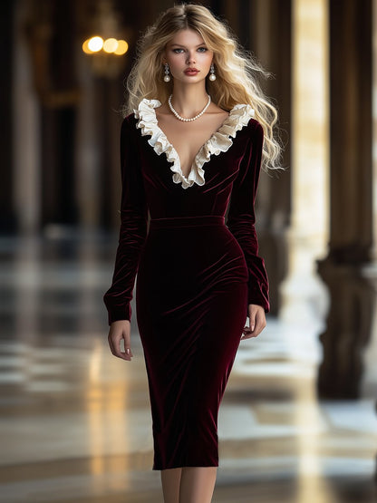 Robe Midi en Velours à Volants avec Décolleté en V - Expédition Rapide sous 24 Heures