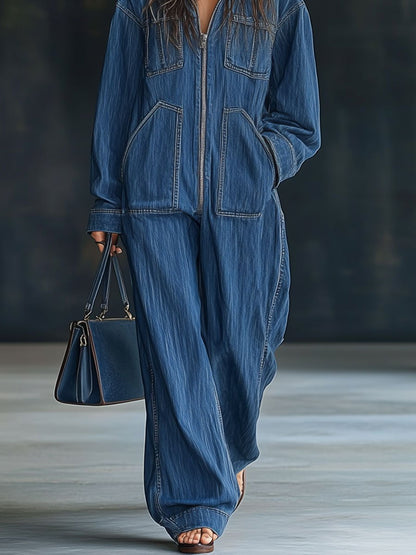 Salopette en denim rétro à capuche - Manches longues et poches pratiques, expédition sous 24 heures !