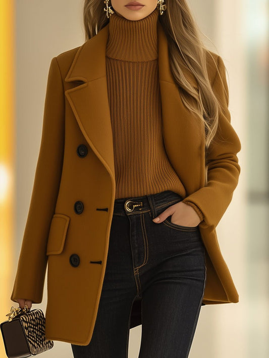 Veste mi-longue en laine camel rétro - Style décontracté avec double boutonnage, expédition en 24 heures!