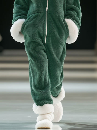【Expédition Rapide en 24h】Sweat à Capuche Zippé en Polaire Verte et Blanche - Style Décontracté