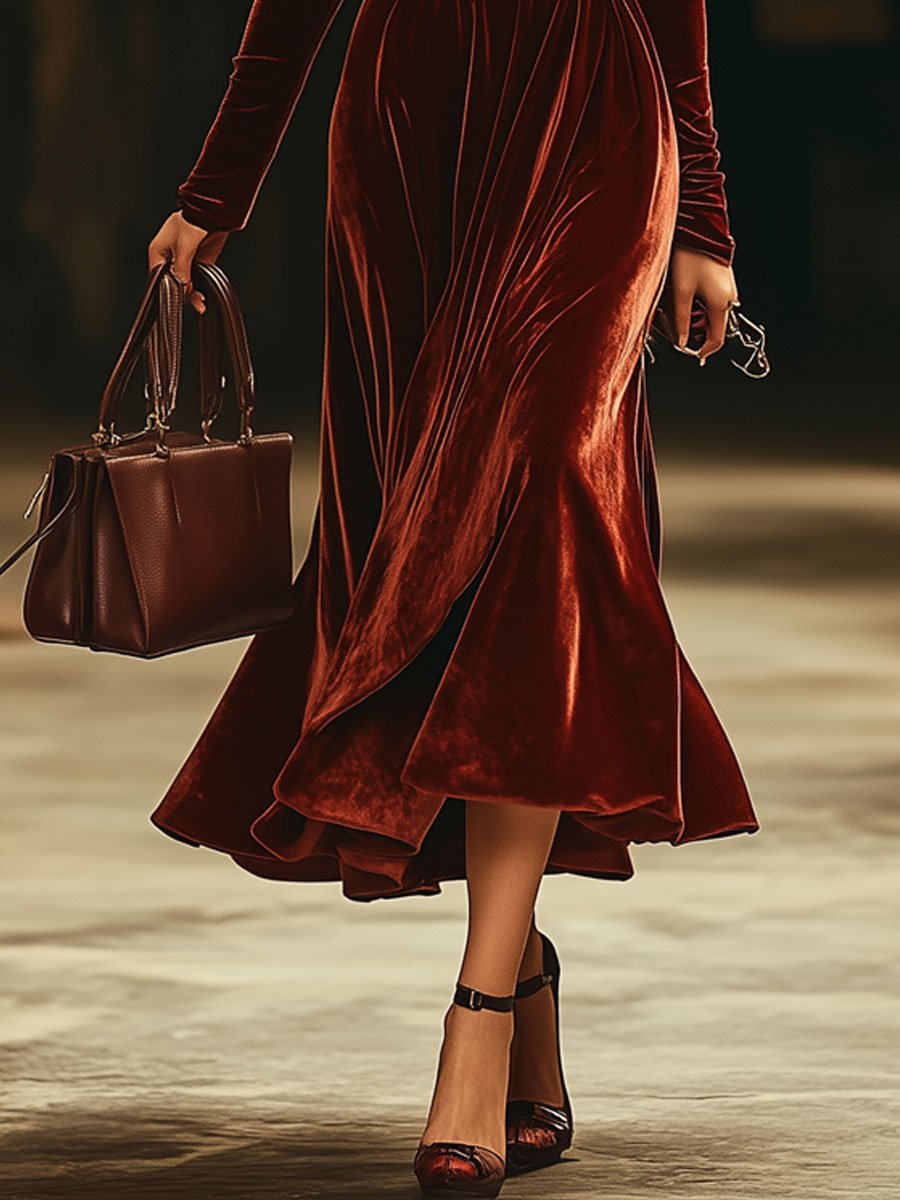 Robe Midi Longue en Velours Unie à Manches Longues - Décolleté Bardot Parfait pour Vos Soirées | Expédition Rapide en 24h