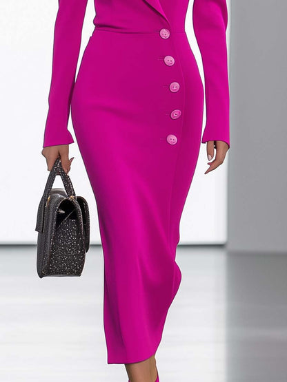 Robe Midi Élegante à Manches Bouffantes et Décolleté en V - Rose Vif, Expédition en 24 Heures !