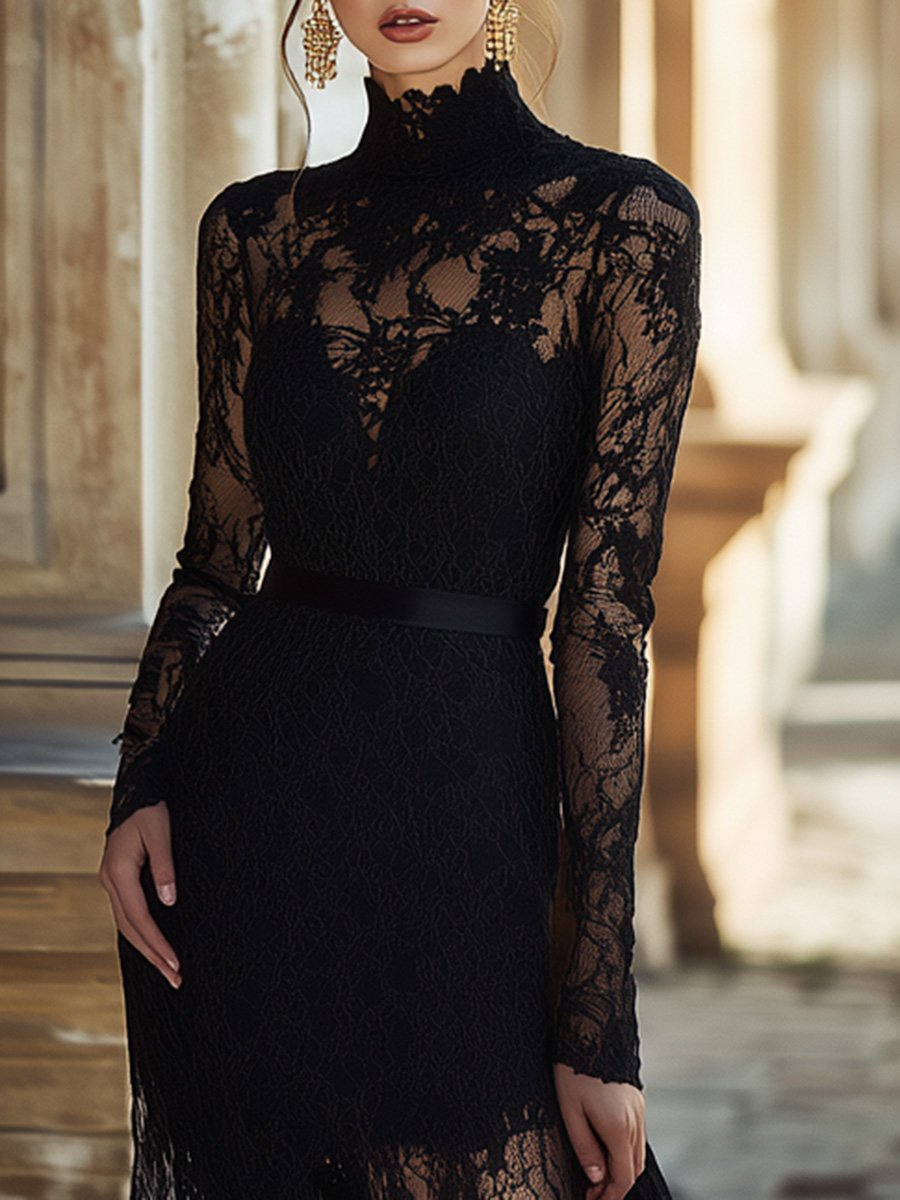 Robe Maxi en Dentelle Noire - Élégance Unique avec Col Haut, Expédition en 24 Heures